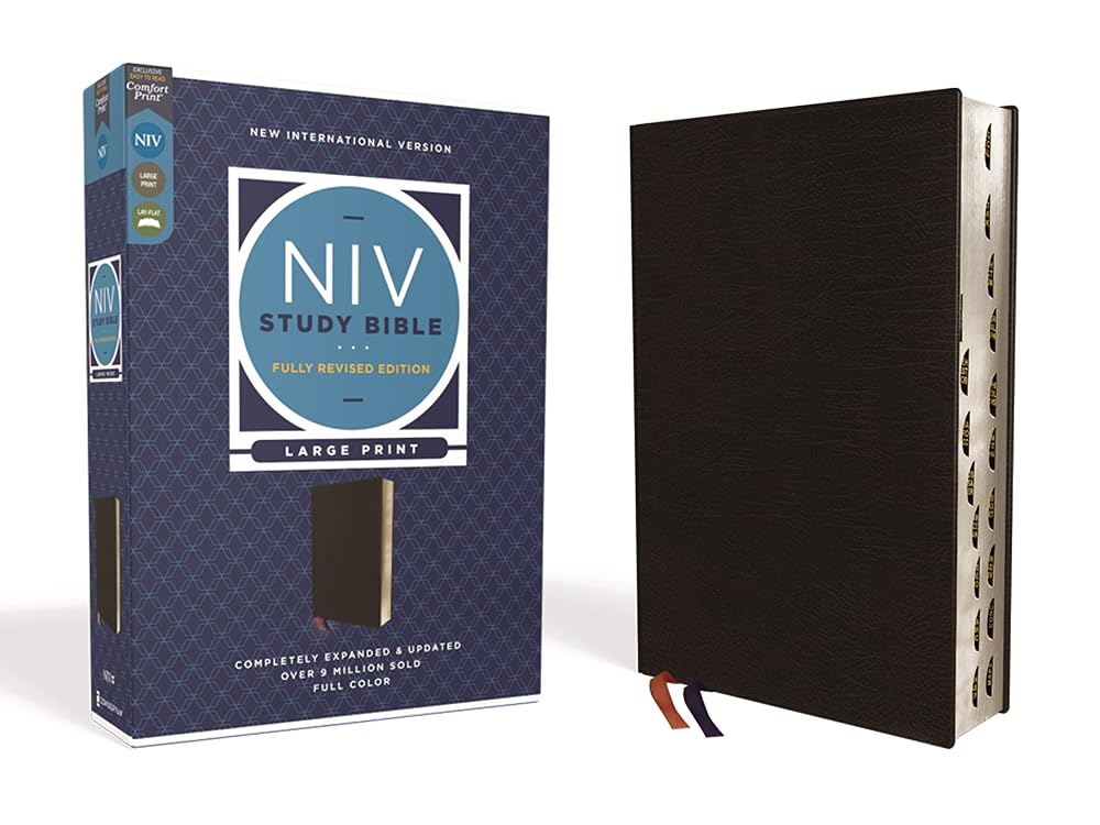 NIV Study Bible, Fully Revised Edition (Study Deeply. Believe Wholeheartedly.), Large Print, Bonded Leather, Black, Red Letter, Thumb Indexed, Comfort Print cover image