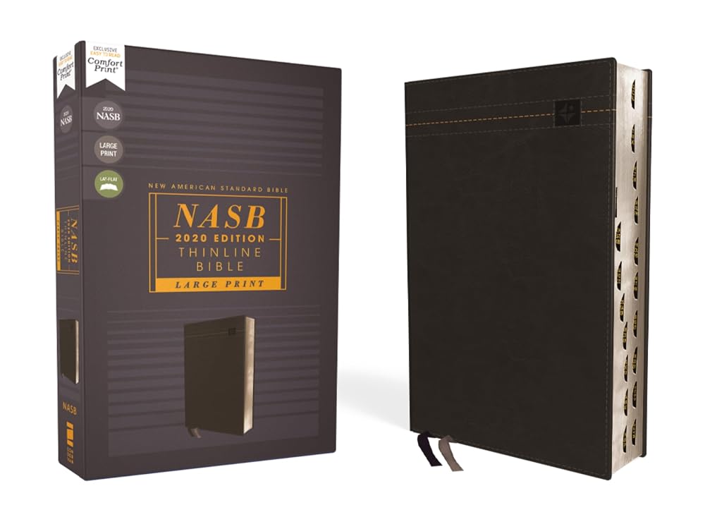 NASB, Thinline Bible, Large Print, Leathersoft, Black, Red Letter, 2020 Text, Thumb Indexed, Comfort Print cover image