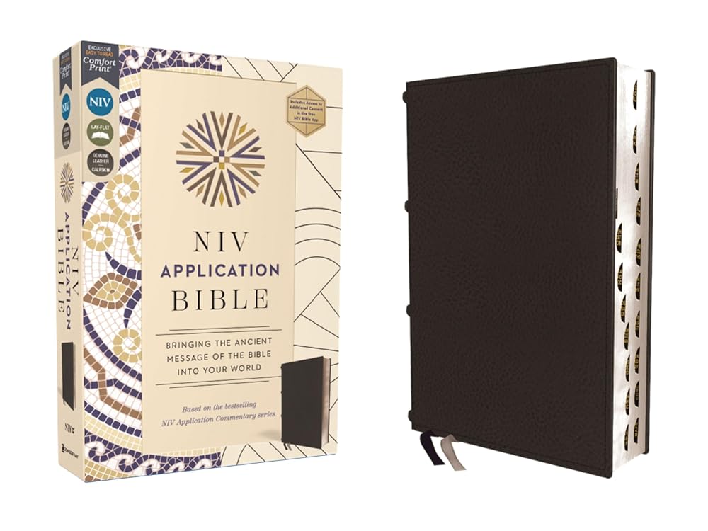 NIV Application Bible, Genuine Leather, Calfskin, Black, Red Letter, Thumb Indexed, Comfort Print: Bringing the Ancient Message of the Bible into Your World (NIV Application Commentary Resources) cover image