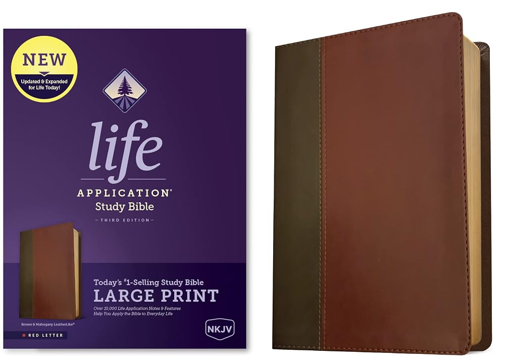 NKJV Life Application Study Bible, Third Edition, Large Print (LeatherLike, Brown/Mahogany, Red Letter) cover image