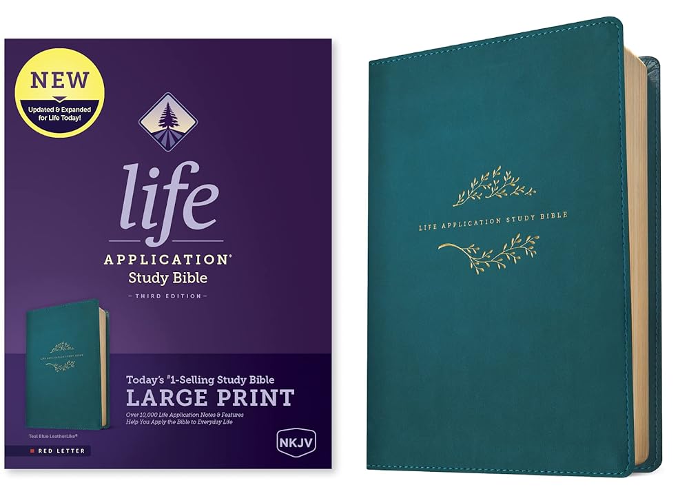 NKJV Life Application Study Bible, Third Edition, Large Print (LeatherLike, Teal Blue, Red Letter) cover image
