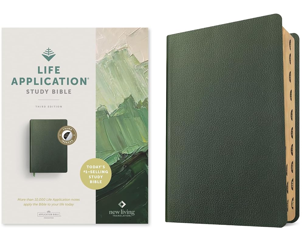 NLT Life Application Study Bible, Third Edition (Genuine Leather, Olive Green, Indexed, Red Letter) cover image