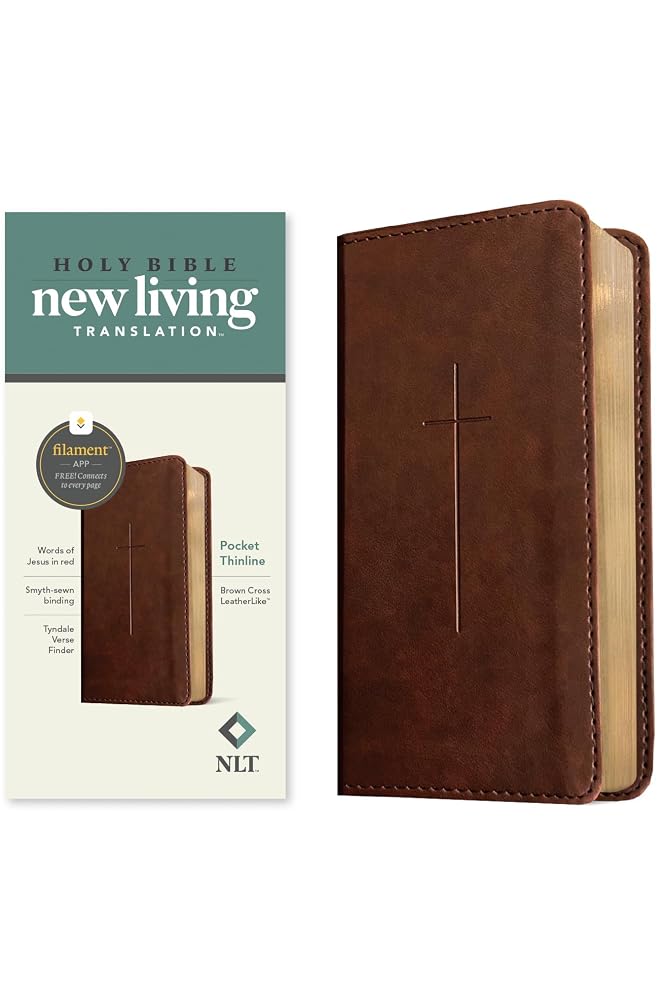 NLT Pocket Thinline Bible, Filament Enabled (LeatherLike, Brown Cross, Red Letter) cover image