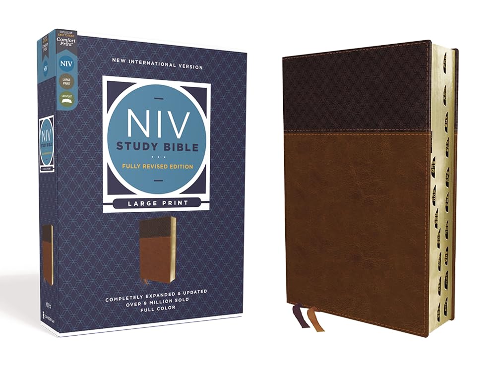 NIV Study Bible, Fully Revised Edition (Study Deeply. Believe Wholeheartedly.), Large Print, Leathersoft, Brown, Red Letter, Thumb Indexed, Comfort Print cover image