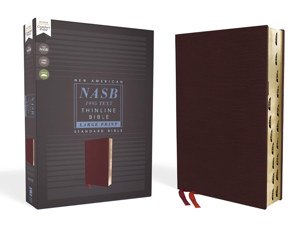 NASB, Thinline Bible, Large Print, Bonded Leather, Burgundy, Red Letter, 1995 Text, Thumb Indexed, Comfort Print cover image