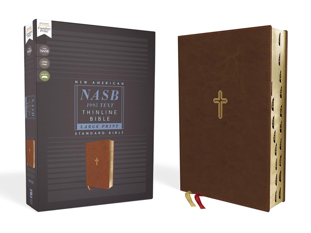 NASB, Thinline Bible, Large Print, Leathersoft, Brown, Red Letter, 1995 Text, Thumb Indexed, Comfort Print cover image