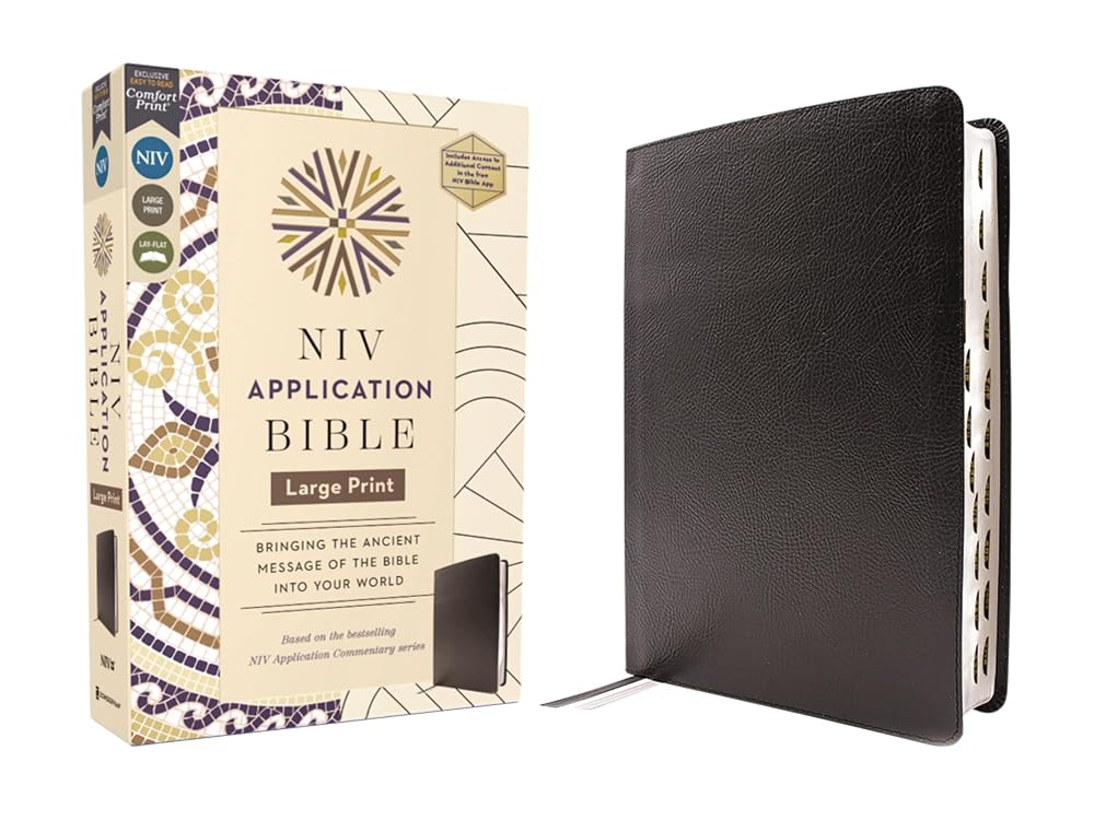 NIV Application Bible, Large Print, European Bonded Leather, Black, Red Letter, Indexed, Comfort Print: Bringing the Ancient Message of the Bible into Your World cover image