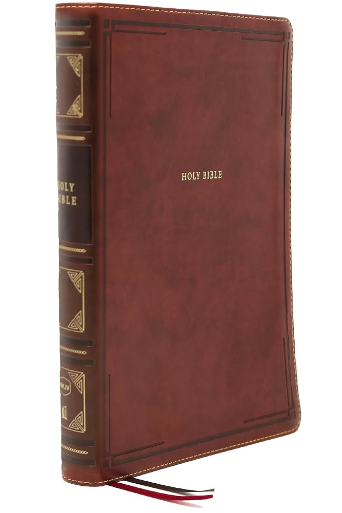 NKJV Holy Bible, Super Giant Print Reference Bible, Brown Leathersoft, Thumb Indexed, 43,000 Cross references, Red Letter, Comfort Print: New King James Version cover image