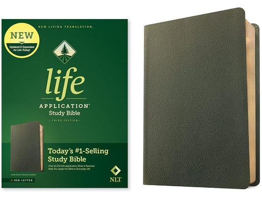 NLT Life Application Study Bible, Third Edition (Genuine Leather, Olive Green, Red Letter) cover image
