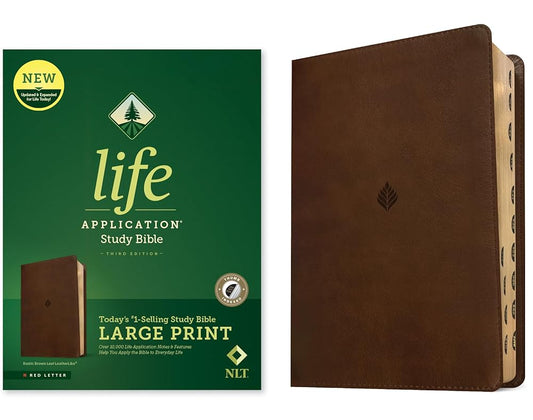 NLT Life Application Study Bible, Third Edition, Large Print (LeatherLike, Rustic Brown Leaf, Indexed, Red Letter) cover image