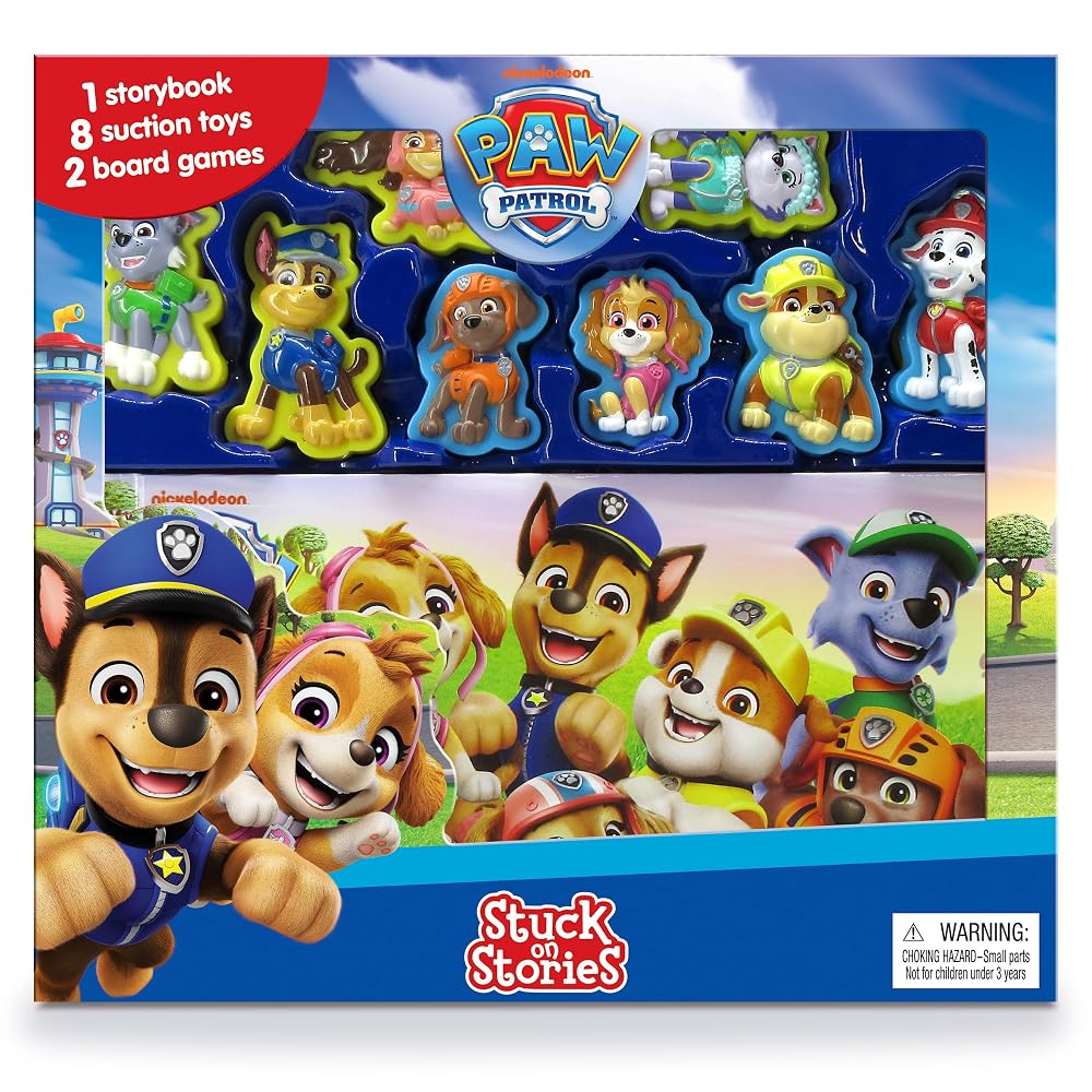 Paw Patrol Stuck on Stories - Activity Books for kids, 16-page storybook, 8 toy suction cups, 2 board games to enjoy cover image