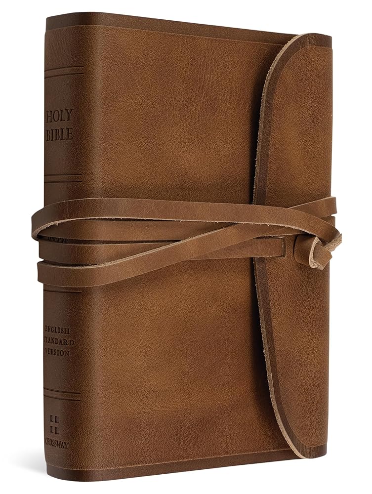 ESV Large Print Compact Bible, Red Letter (Natural Leather, Brown, Flap with Strap): Holy Bible, English Standard Version cover image