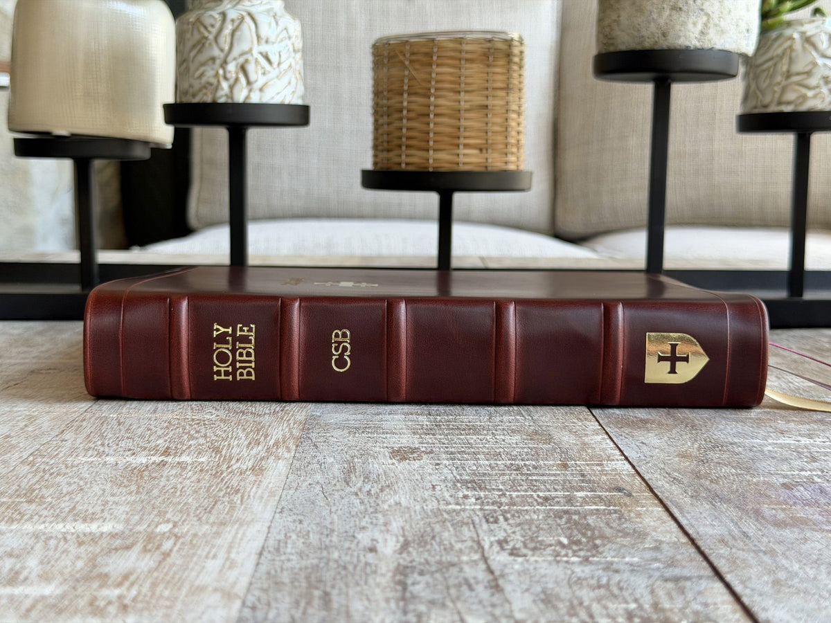 British Tan Double Shot CSB Verse by Verse Reference by Rock Wall Bibles, spine at an angle
