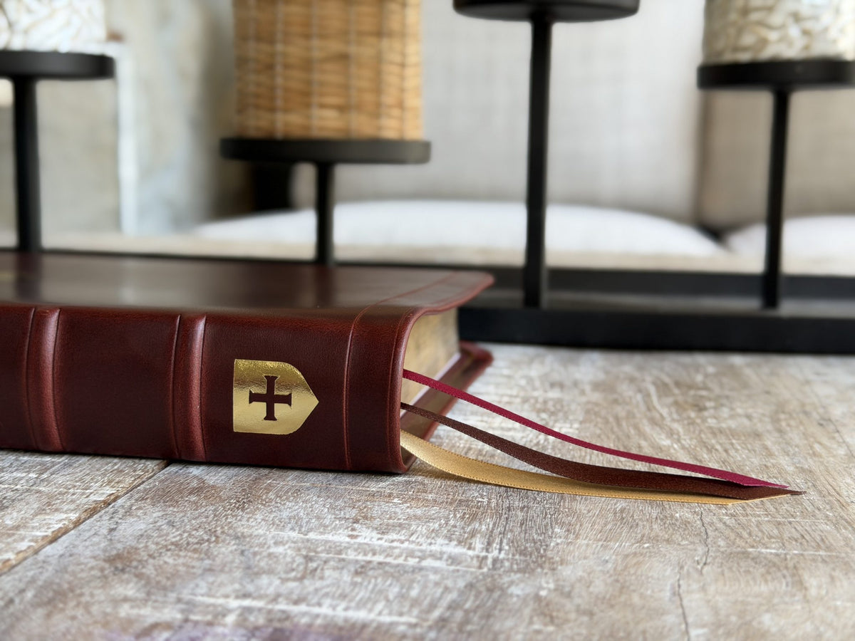 British Tan Double Shot CSB Verse by Verse Reference by Rock Wall Bibles, spine and ribbon markers