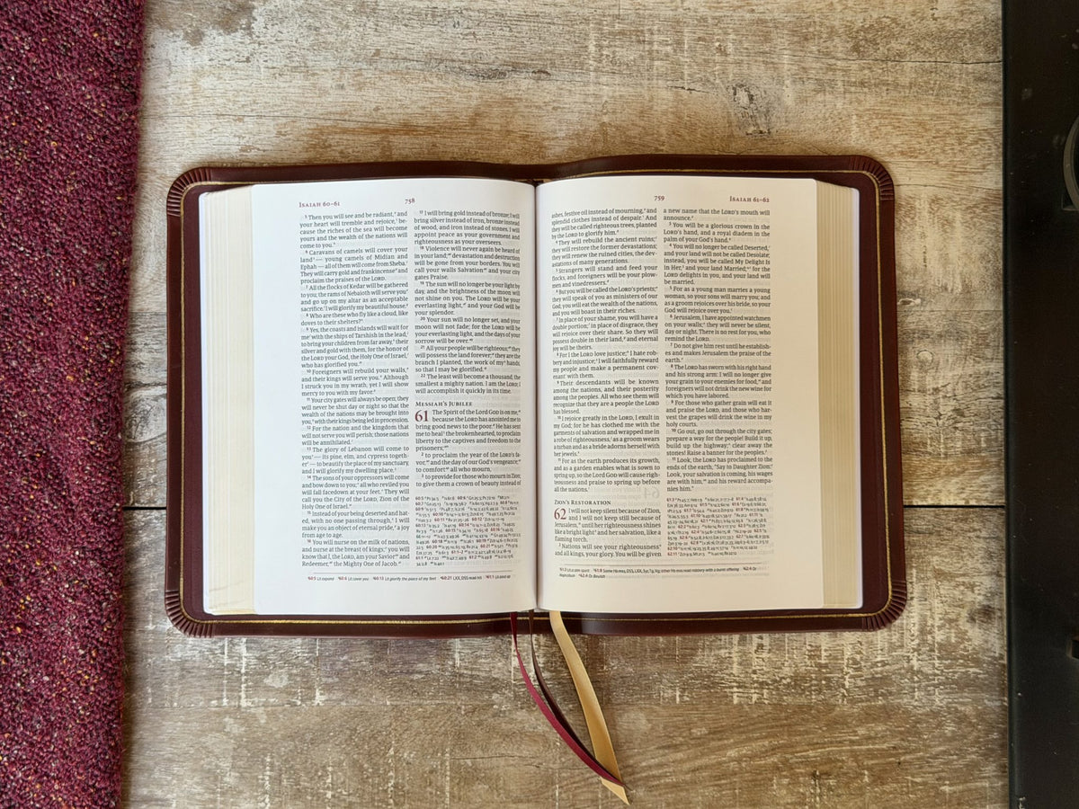 British Tan Double Shot CSB Verse by Verse Reference by Rock Wall Bibles, open to the text