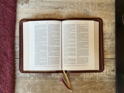 British Tan Double Shot CSB Verse by Verse Reference by Rock Wall Bibles, open to the text