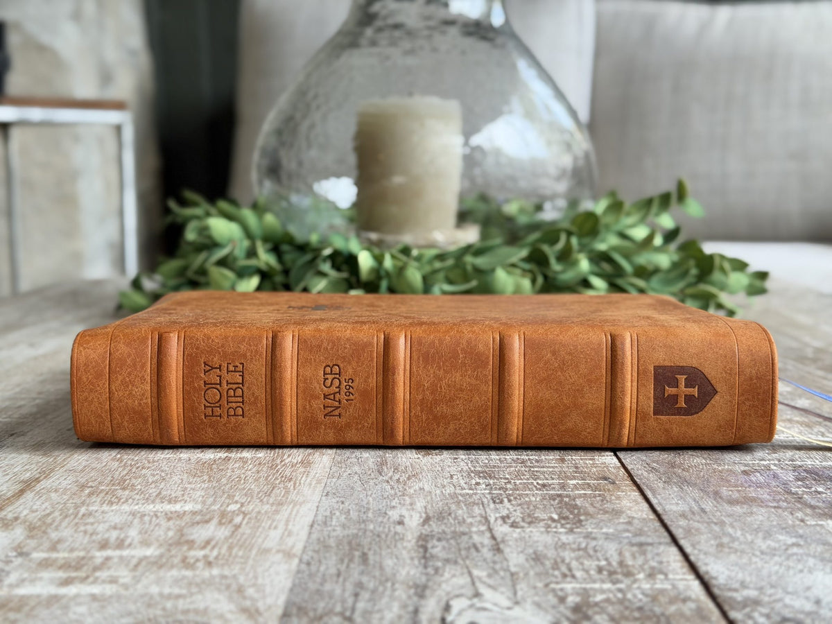 Olmo Pueblo NASB 1995 Single Column Reference Bible by Rock Wall Bibles, spine at an angle