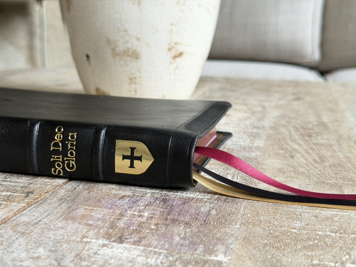 Black Loch Ness NKJV Large Print Thinline Reference (Premier Collection) by Rock Wall Bibles, spine and ribbon markers