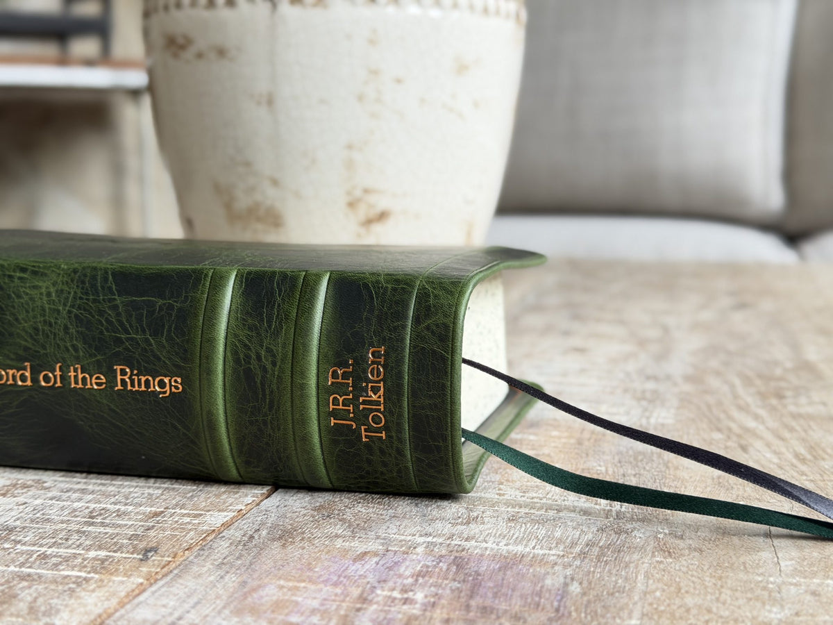 Emerald Waxy “The Lord of the Rings” by Rock Wall Bibles, spine at an angle