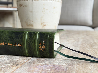 Emerald Waxy “The Lord of the Rings” by Rock Wall Bibles, spine at an angle