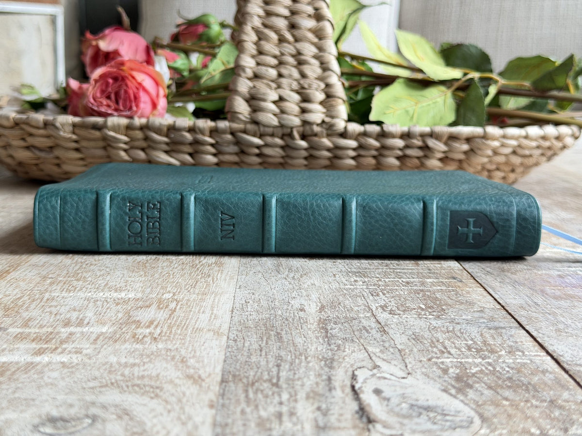 Turquoise Minerva Box NIV Thinline Reference (Premier Collection) by Rock Wall Bibles, spine at an angle